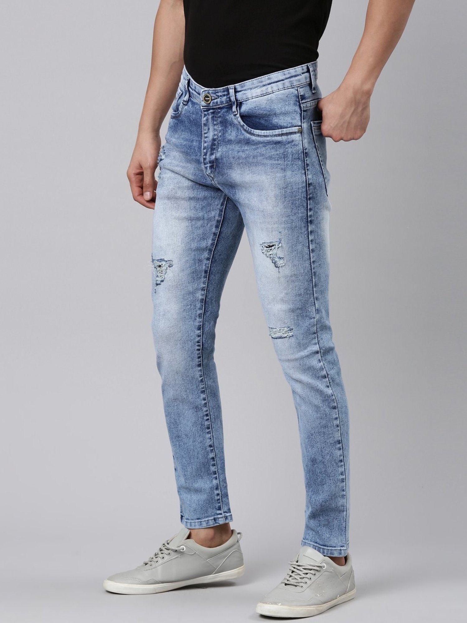 CINOCCI Light Blue Cotton Slim Fit Distressed Jeans