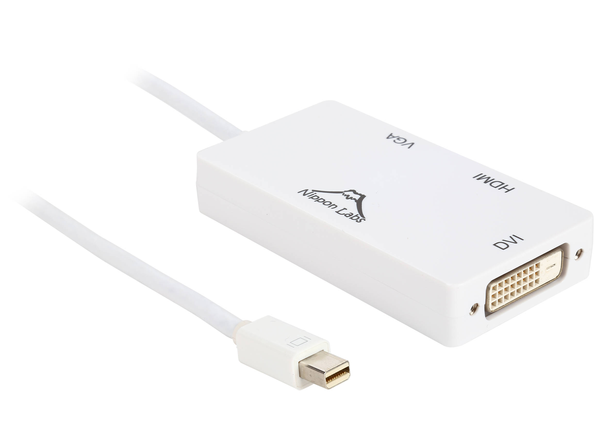 Nippon Labs AD-MINIDP-HDMI-VGA 6" MINI DP DisplayPort Male to HDMI DVI VGA Female 3-in-1 Adapter, White
