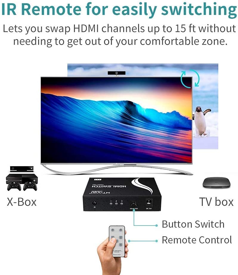 4K HDMI Switch 5 in 1 Out w/IR Remote Control, 5 Port Switcher Selector Box for Xbox Nintendo PS3 PS4 TV Fire Stick Roku