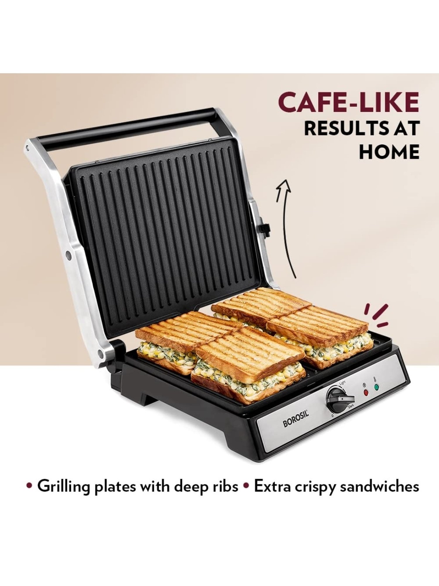 Borosil Sandwich Maker 2000W with Non stick coating (Black)