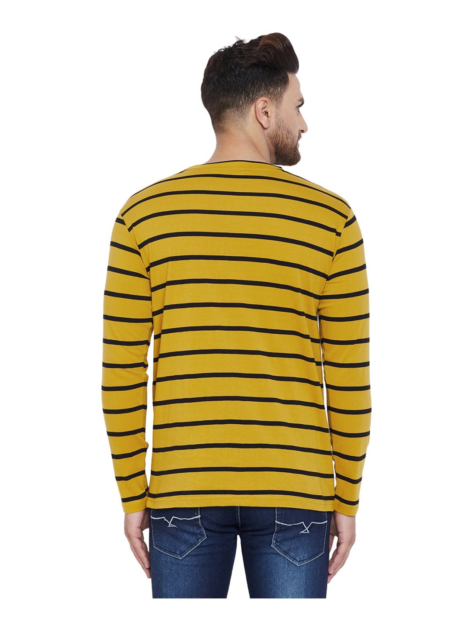 Hypernation Mustard & Black Cotton Regular Fit Striped T-Shirt