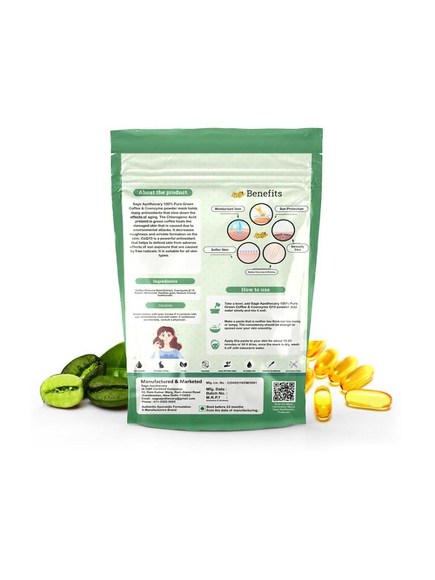 Sage Apothecary Green Coffee & Coenzyme Q10 Powder Mask - 100 gm