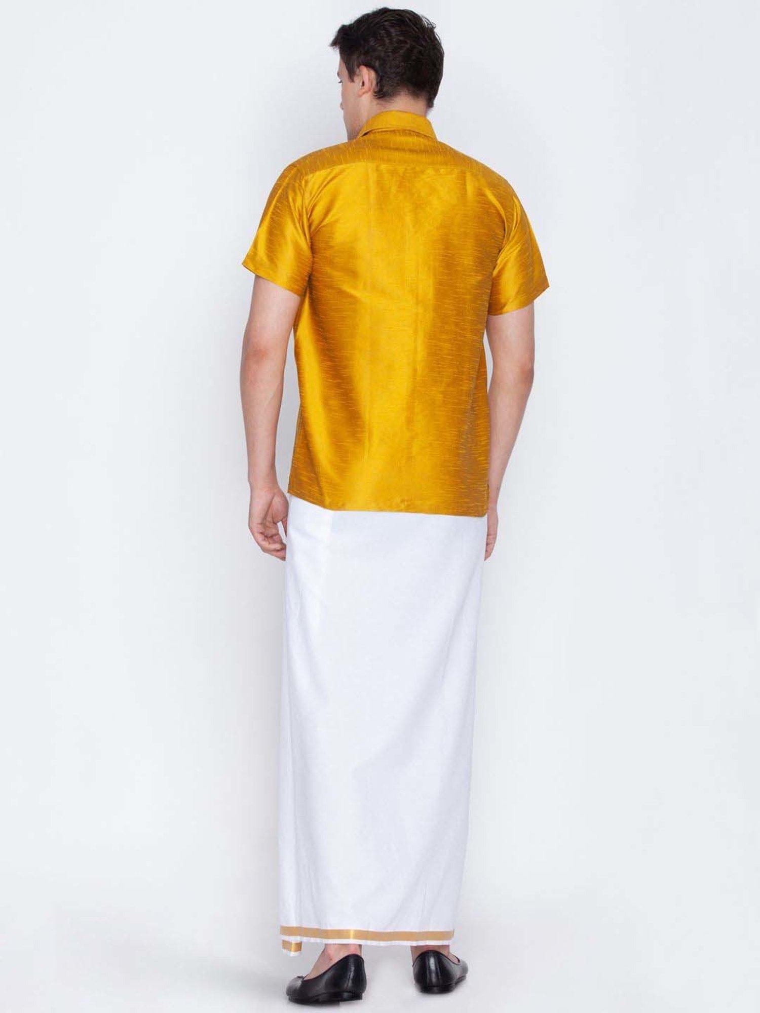 Vastramay Mustard & White Regular Fit Ethnic Shirt With Mundu