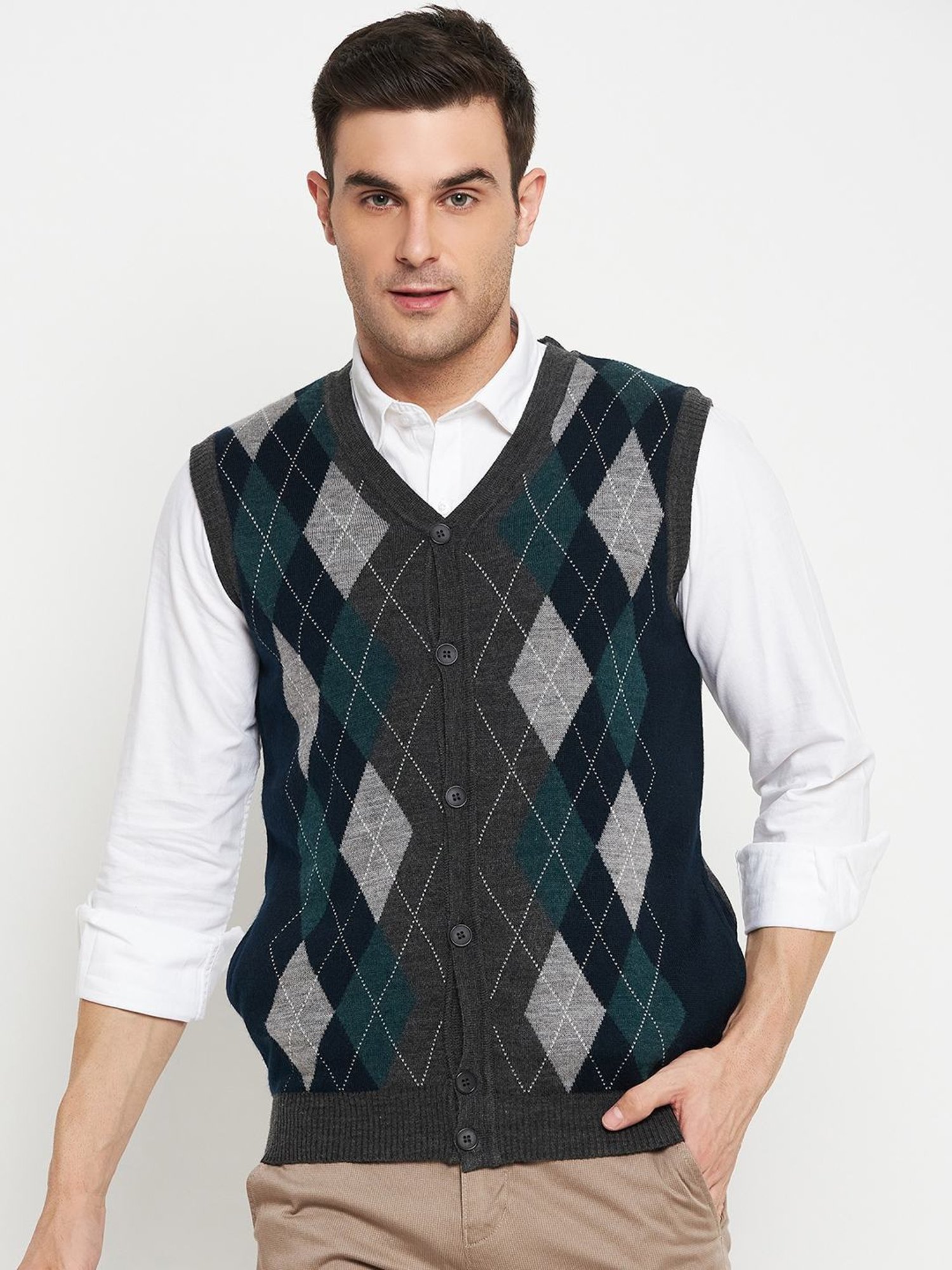 Cantabil Navy & Grey Regular Fit Printed Cardigan