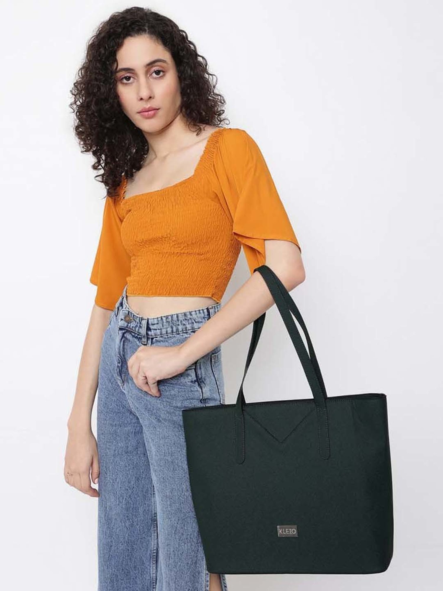 KLEIO Green Solid Medium Tote Handbag