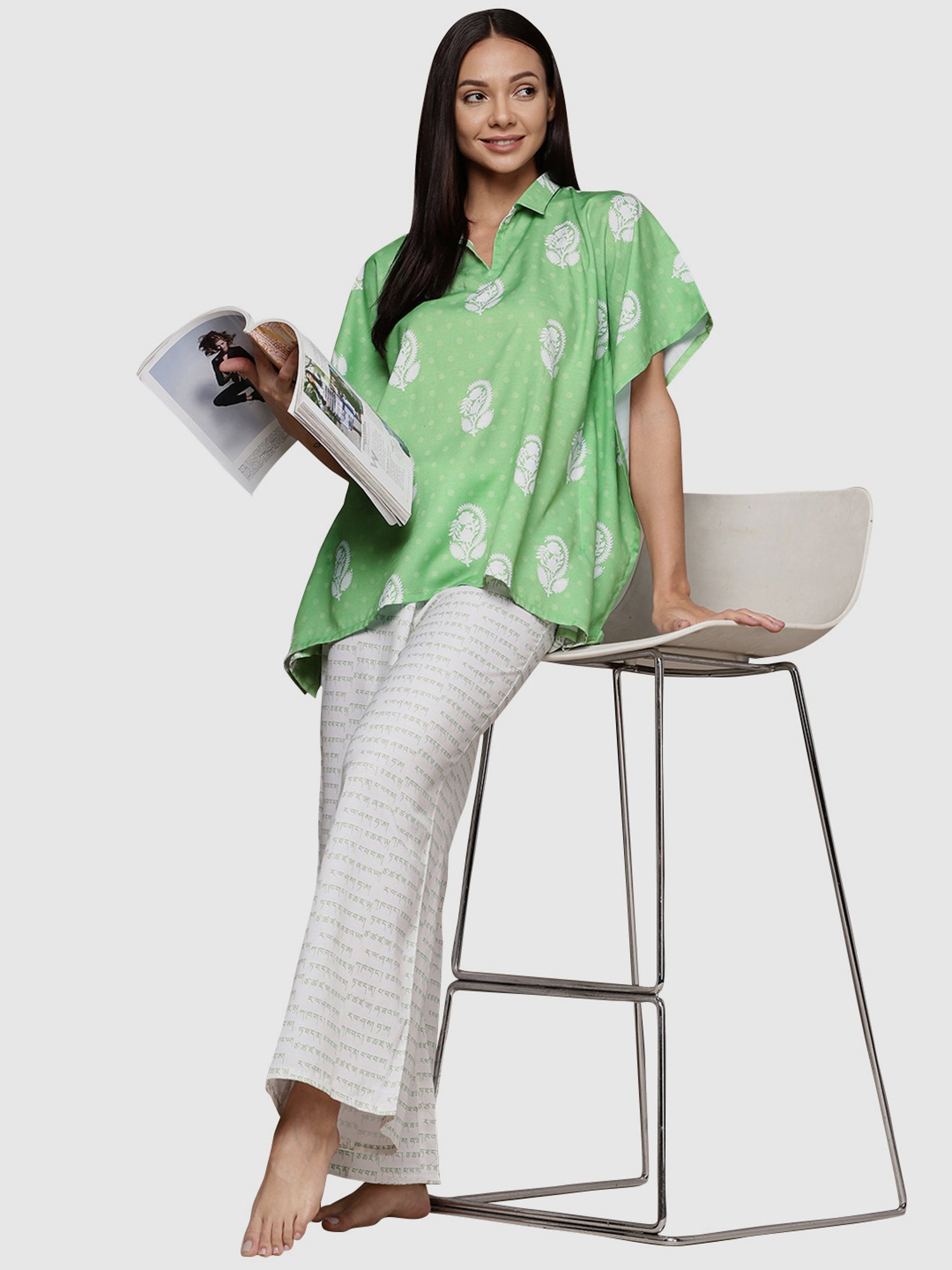 Ziyaa Green & White Printed Kaftan Pyjama Set