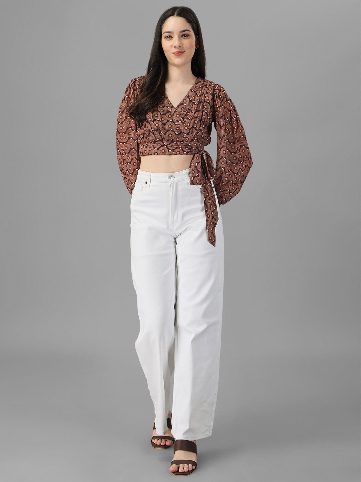 MASAKALI.CO Coffee Brown Floral Print Crop Top