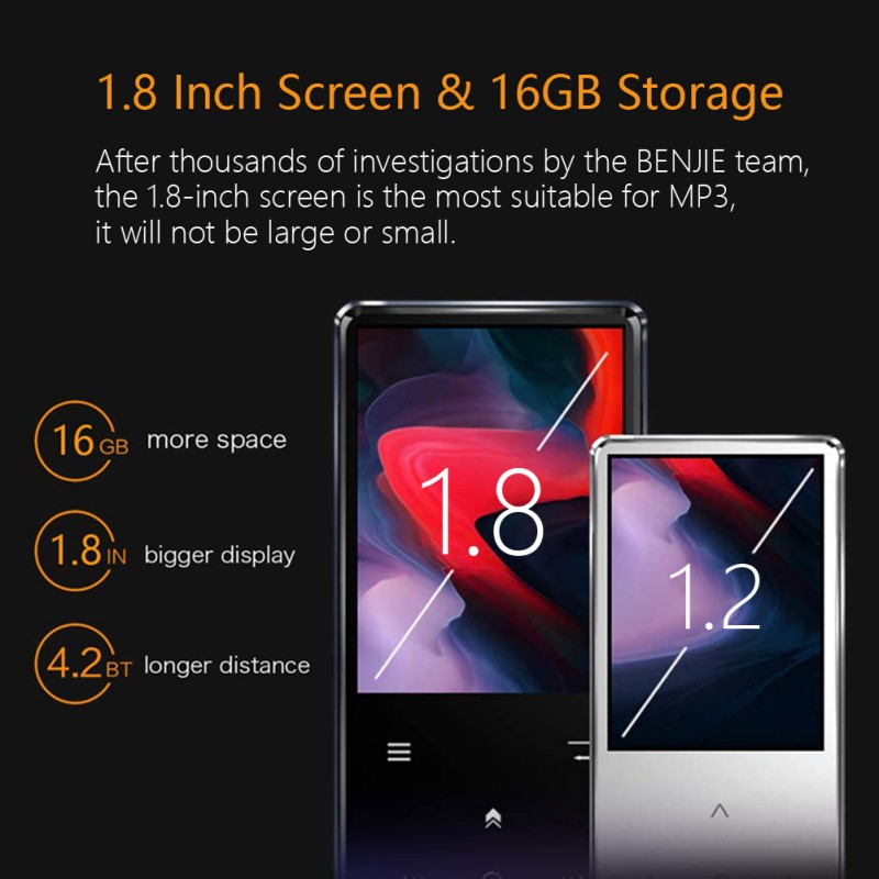 Ochine 16GB MP3 Player, BENJIE M8 MP3 Player With Bluetooth 5.0, Music Player With FM Radio, Recording, 1.8\" Screen, HiFi Lossless Sound, Support Up To 64GB Expansion
