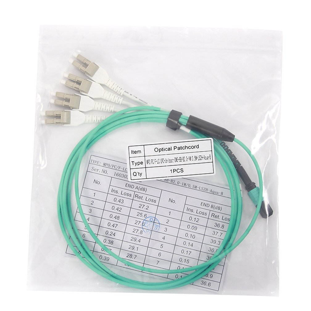 10Gtek MPO Fan-out Patch Cable, OM3 Multimode Fiber, MPO to 8xLC Uniboot, 1-meter(3.3ft)