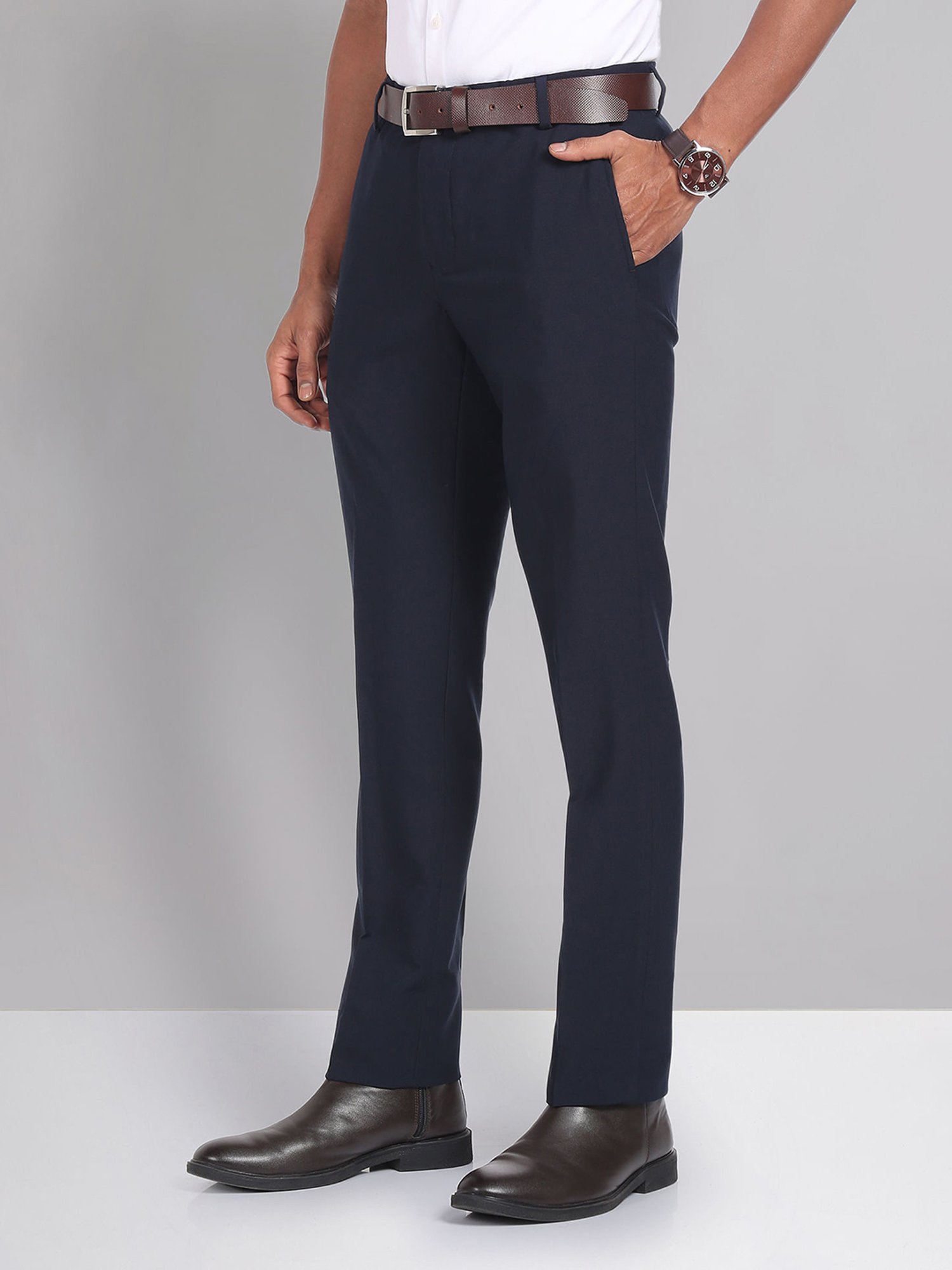 AD by Arvind Navy Slim Fit Flat Front Trousers