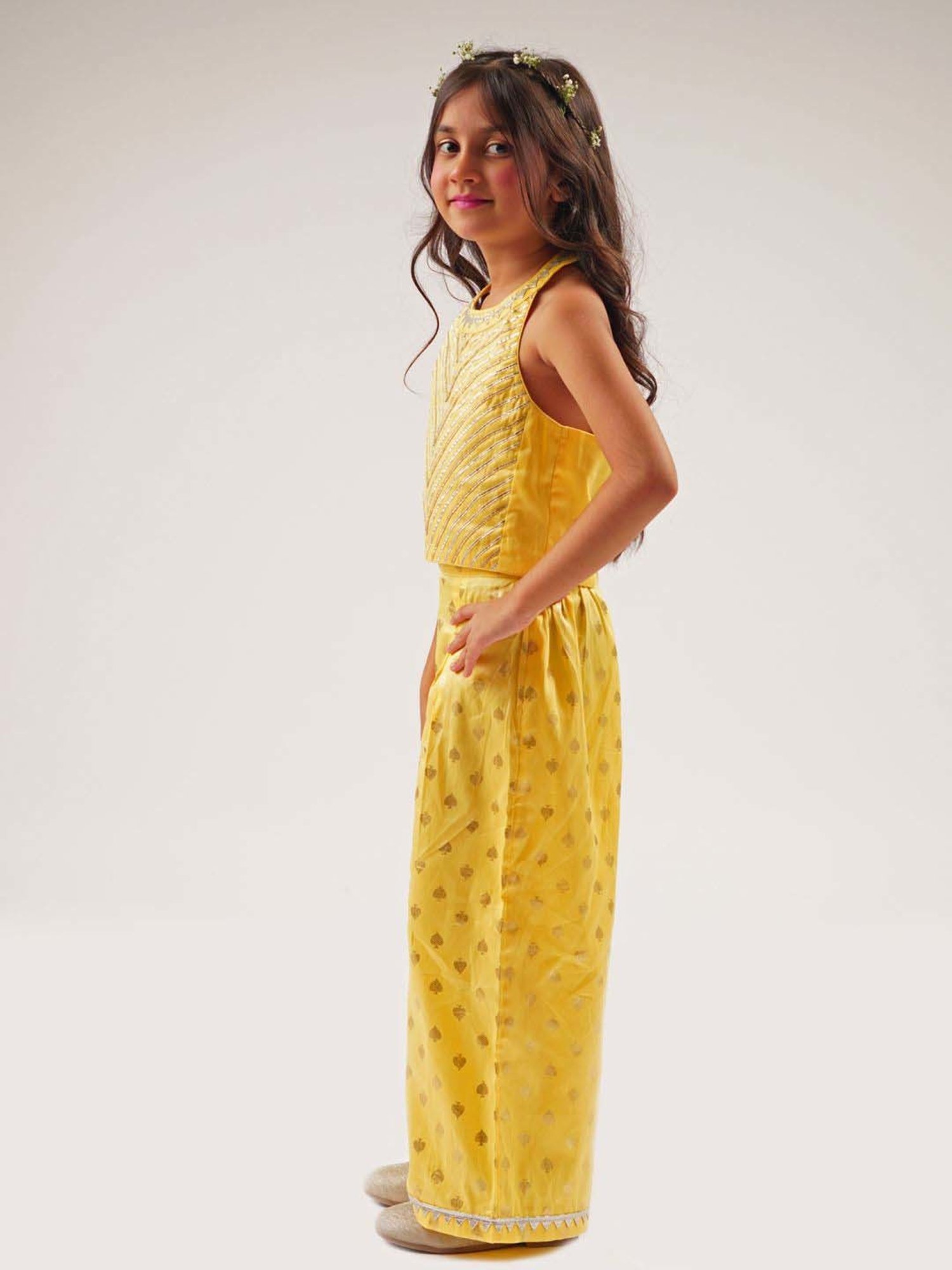 Lil Drama Kids Yellow Cotton Embroidered Top Set