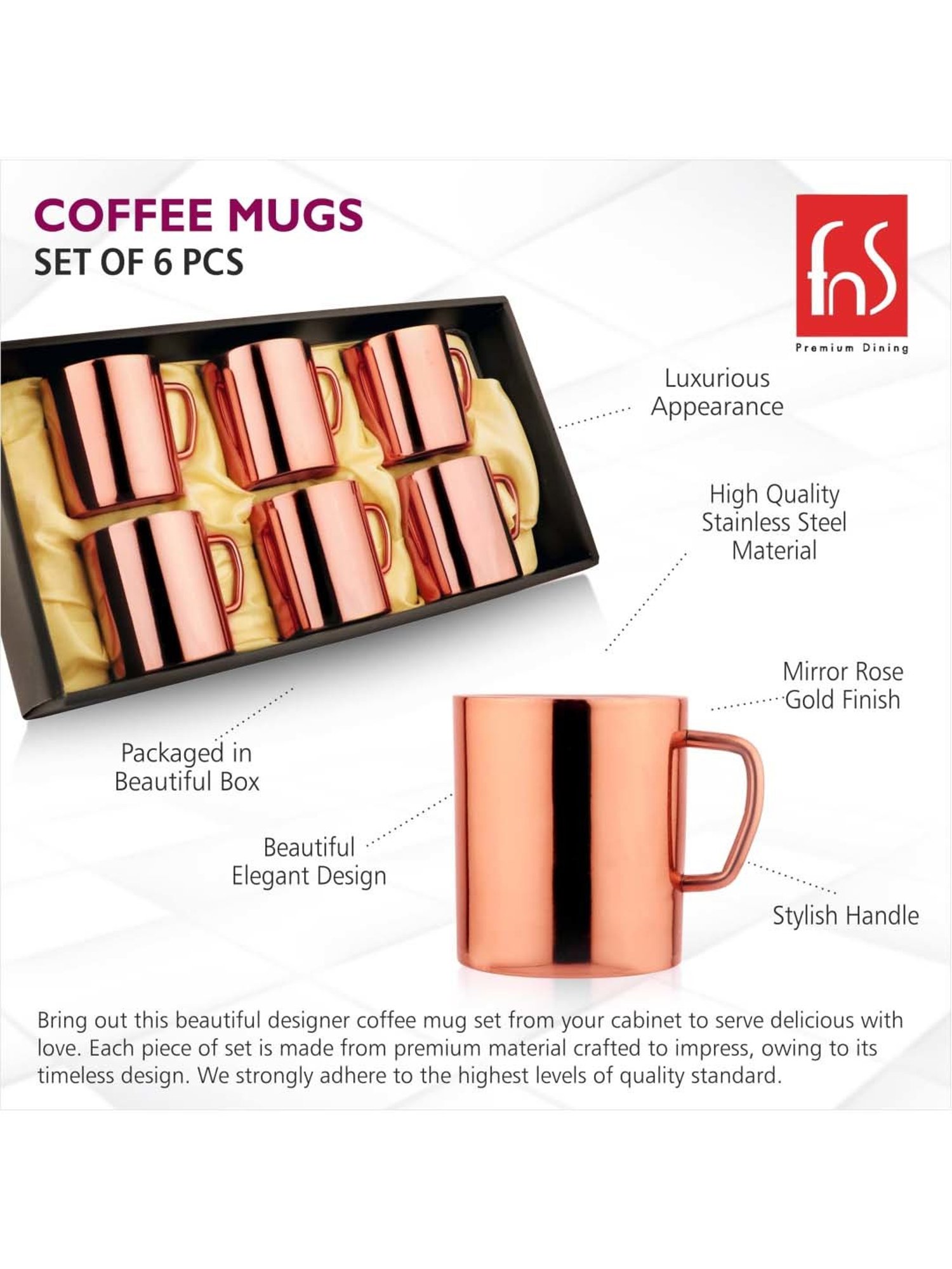 FnS Rose Gold Stainless Steel Coffee Mug (0.3 L) - Set of 6