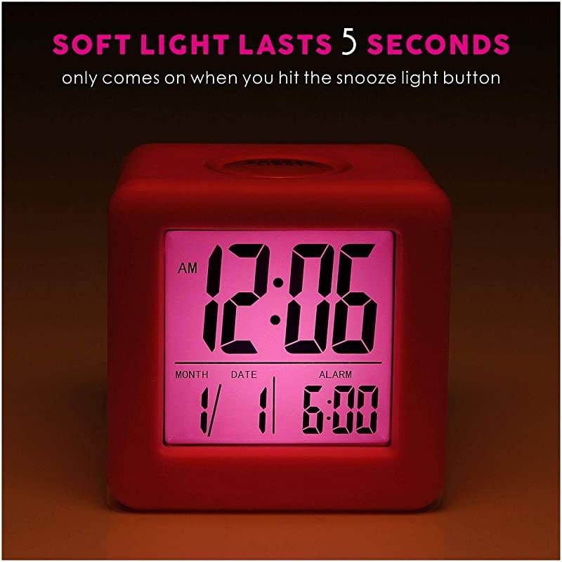 Digital Alarm Clocks Travel Clock with Snooze and Pink Nightlight Easy Setting Clock Display Time Date Alarm Ascending Sound Battery Powered Pink