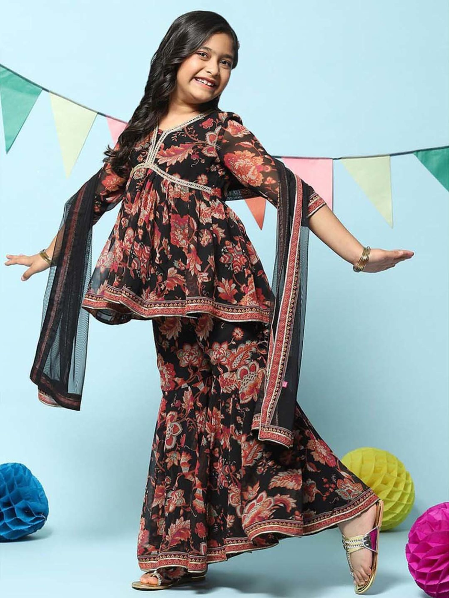 BIBA Girls Kids Black & Red Printed Kurta Set