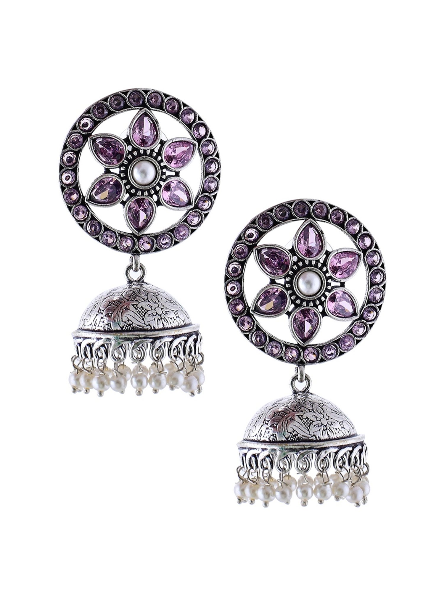 Imli Street Pink-White Silver Tone Stone-Studded Handcrafted Jhumki Earrings