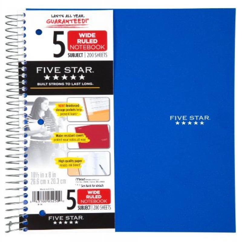 Five Star Spiral Notebook, 5 Subject, Wide Ruled Paper, 200 Sheets, 10-1/2" x 8"