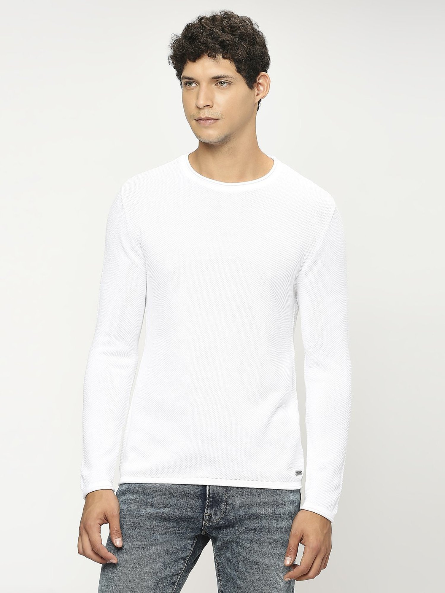 Pepe Jeans White Cotton Regular Fit Self Pattern Sweater
