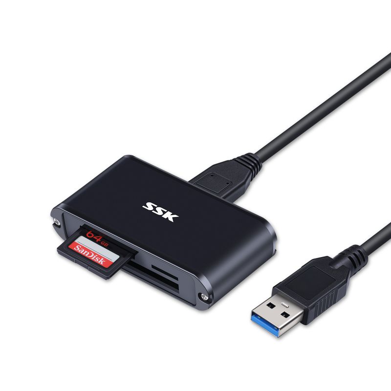 SSK USB SD Card Reader, 3-in-1 USB 3.0 Micro SD Card Reader,  Memory Card Reader Triple Slots for Camera Computer CF TF SD SDHC SDXC Mini SD, Compatible with Windows, Linux/Unix, MacOS X
