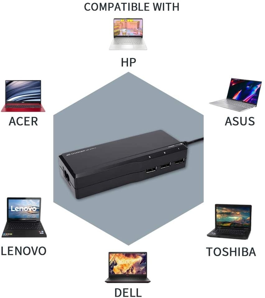 90w Universal Laptop Charger Computer Charger with 3 USB Ports 16 Tips Ac Power Adapter for Hp Compaq Dell Acer Asus Lenovo IBM Toshiba Samsung Sony Fujitsu Gateway Notebook Ultrabook