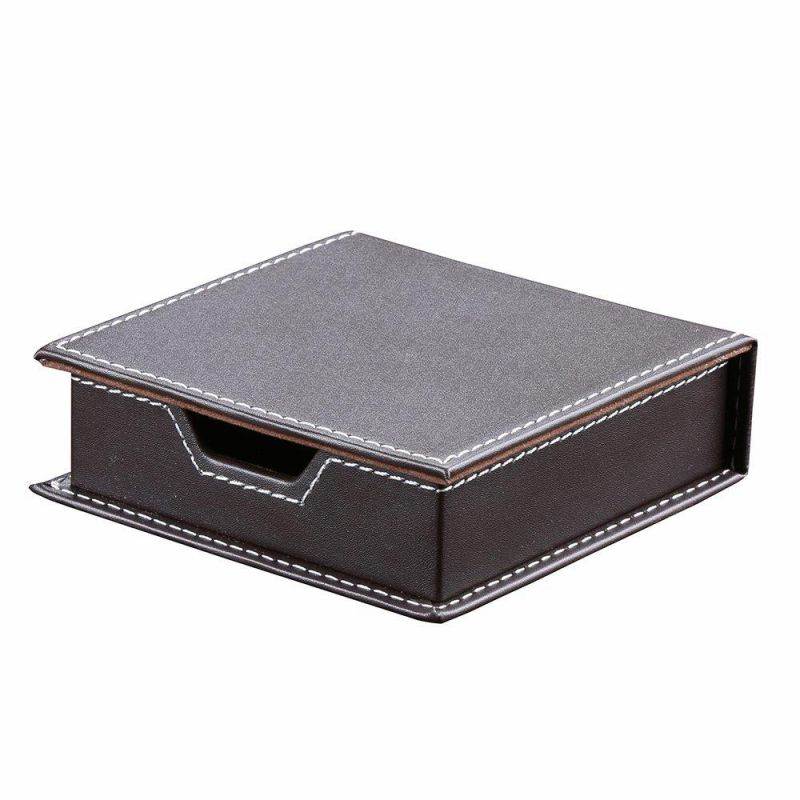 KINGFOM Desktop Organizer Supplies Leather Name Cards Holder Sticky Notes Dispenser Case with a Lid Cover 3.9 x 3.9 Inches(brown)