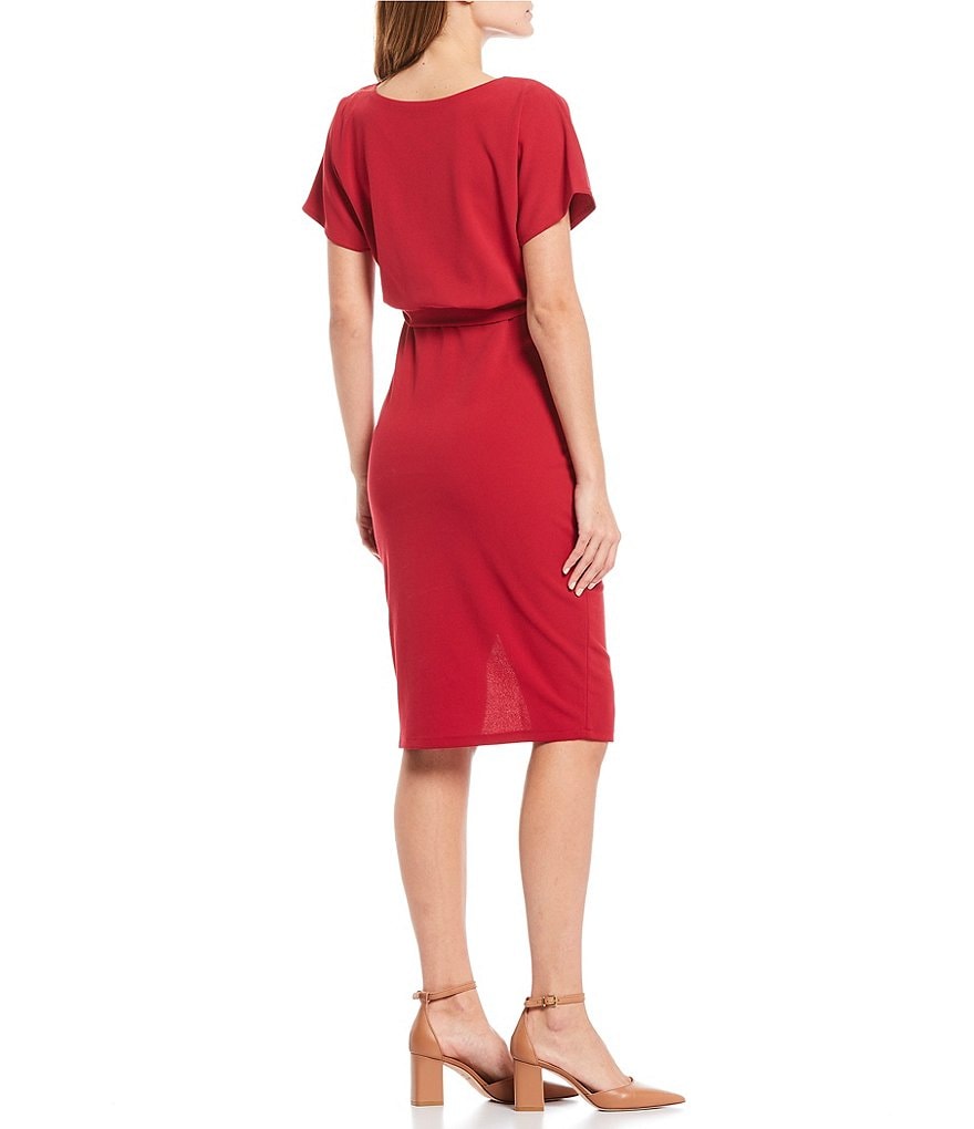 Kensie Textured Knit Boat Neck Tie Waist Short Sleeve Blouson Dress