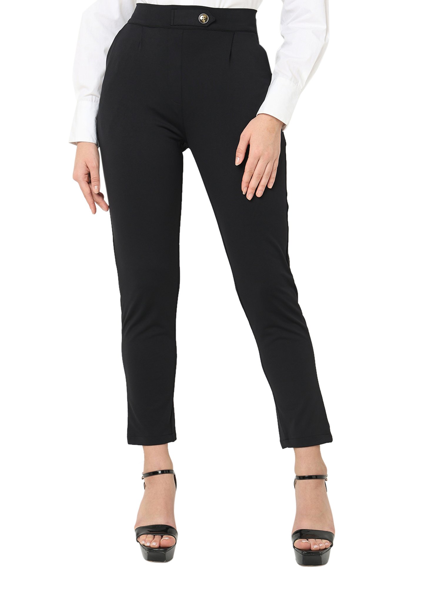 Smarty Pants Black Cotton Lycra Slim Fit High Rise Trousers