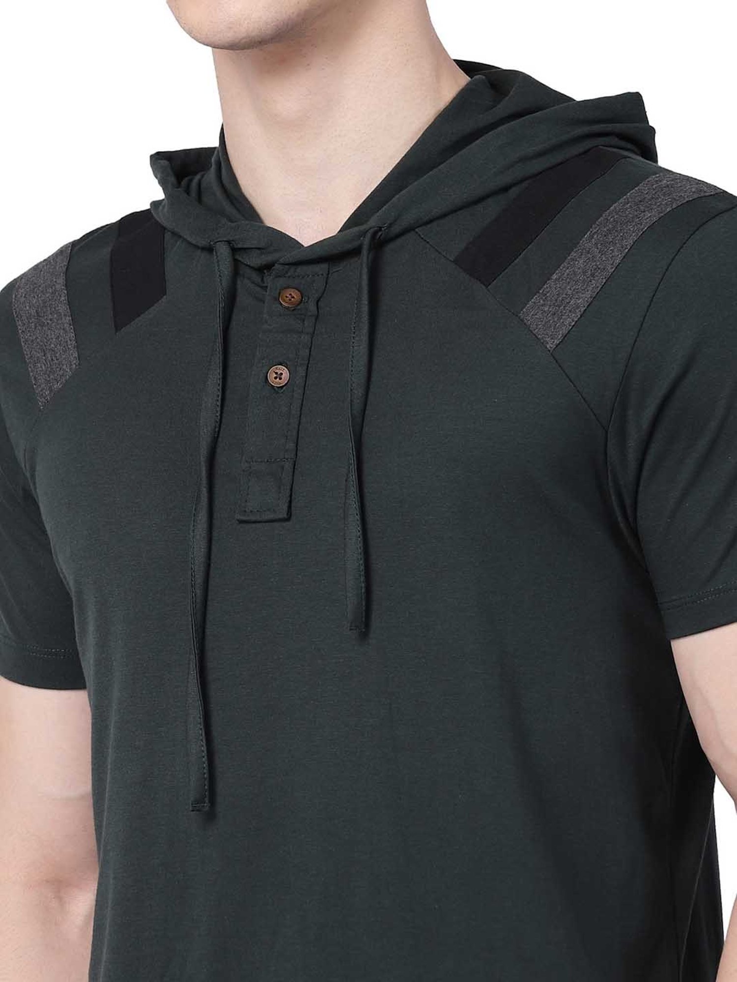 Kalt Dark Green Regular Fit Striped Hooded T-Shirt