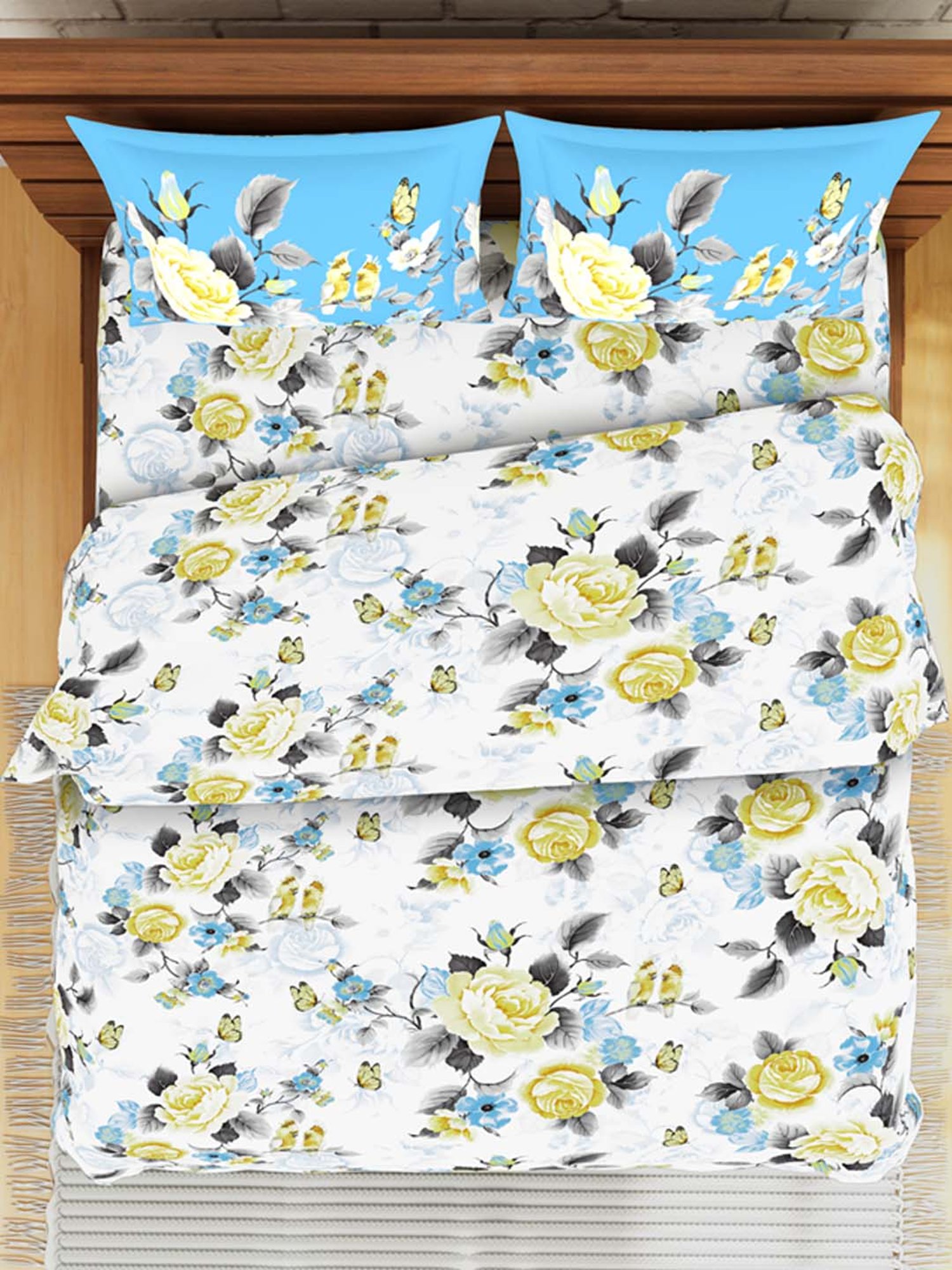 Spaces Celebrations White & Blue Cotton 144 TC Bed Linen Set