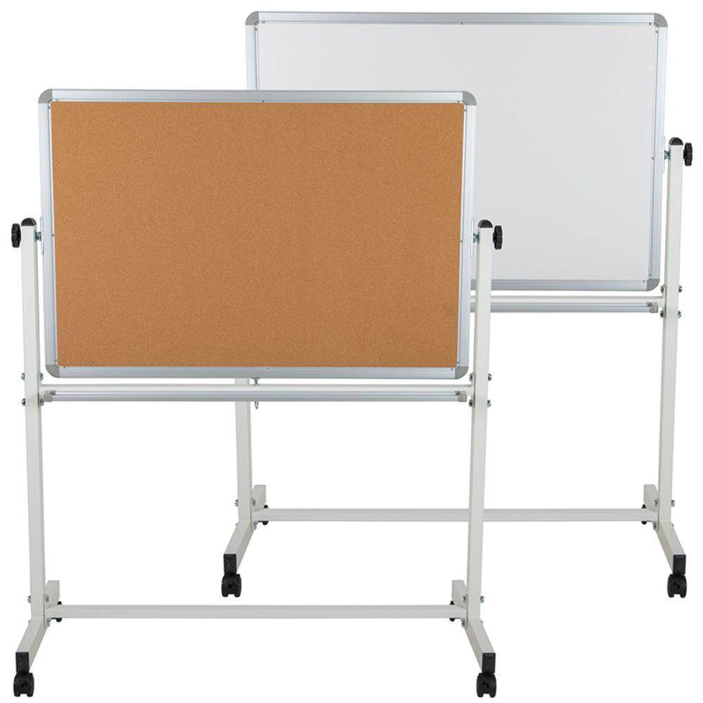 HERCULES Series 45.25"W x 54.75"H Reversible Mobile Cork Bulletin Board and White Board with Pen Tray