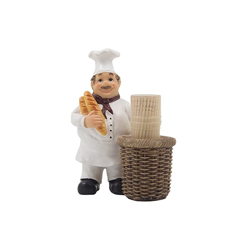 Chef Pierre Decorative Toothpick Holder Figurine with Faux Wicker Basket Display Stand and Gourmet Bread Accents for Country Cottage Kitchen Decor As Collectible Housewarming Gifts by Home-n-Gifts
