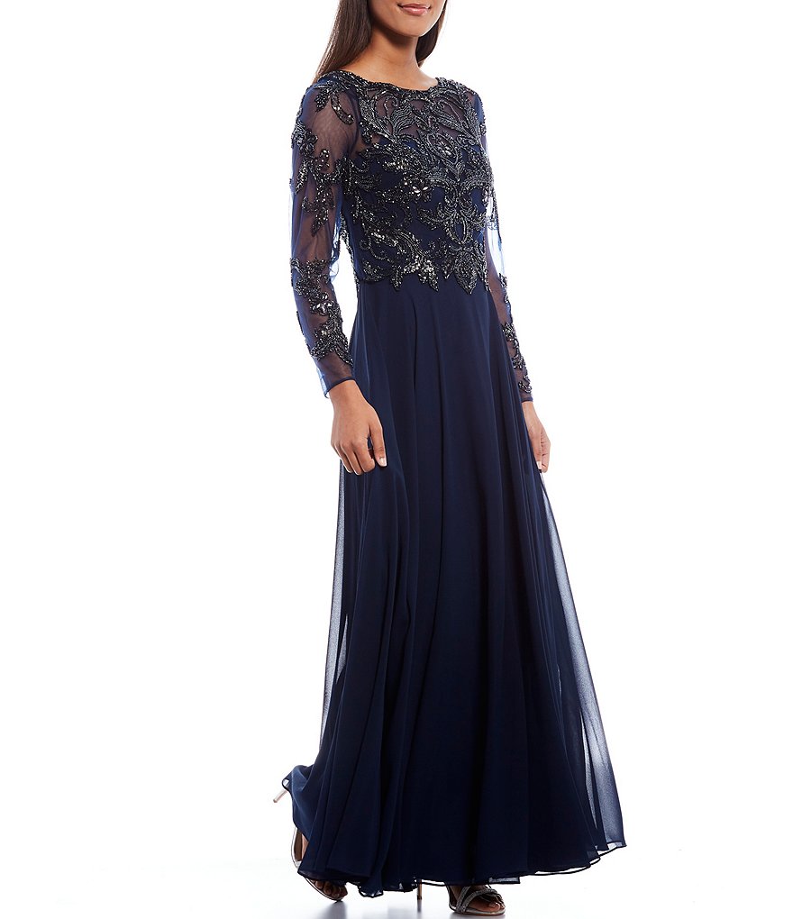 Xscape Jewel Neck Long Sleeve Beaded Bodice Chiffon Gown