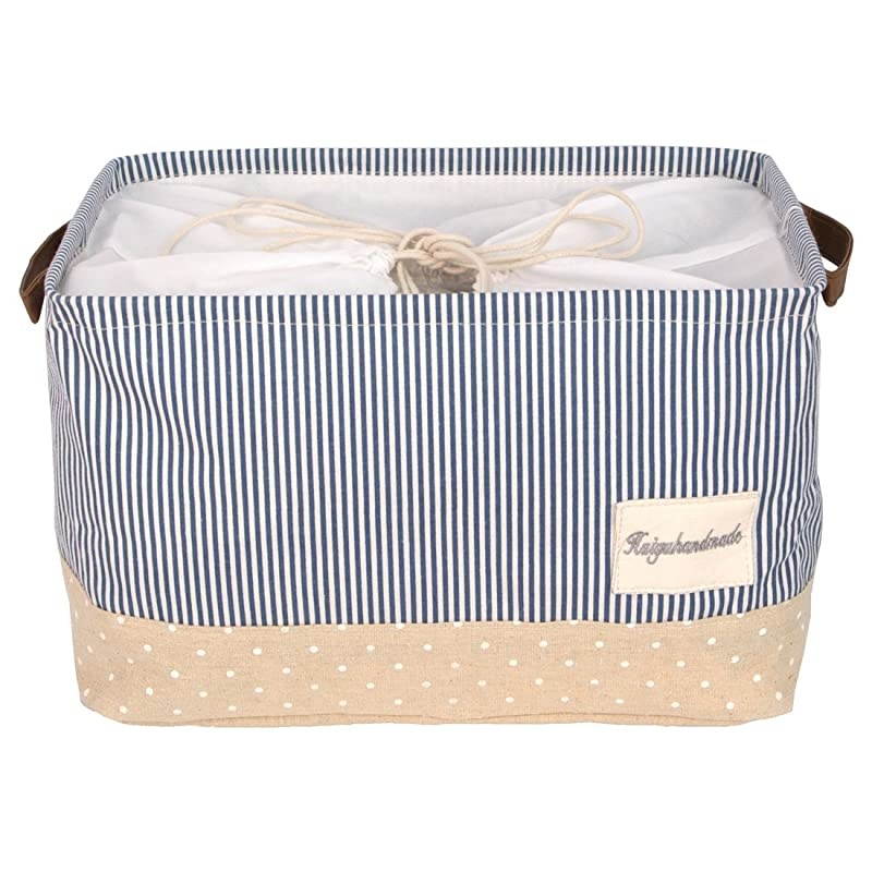 17Inches Large Storage Basket Available 15 and 17 InchesWidth Drawstring Square Cotton Linen Collapsible Toy Basket Navy Blue L