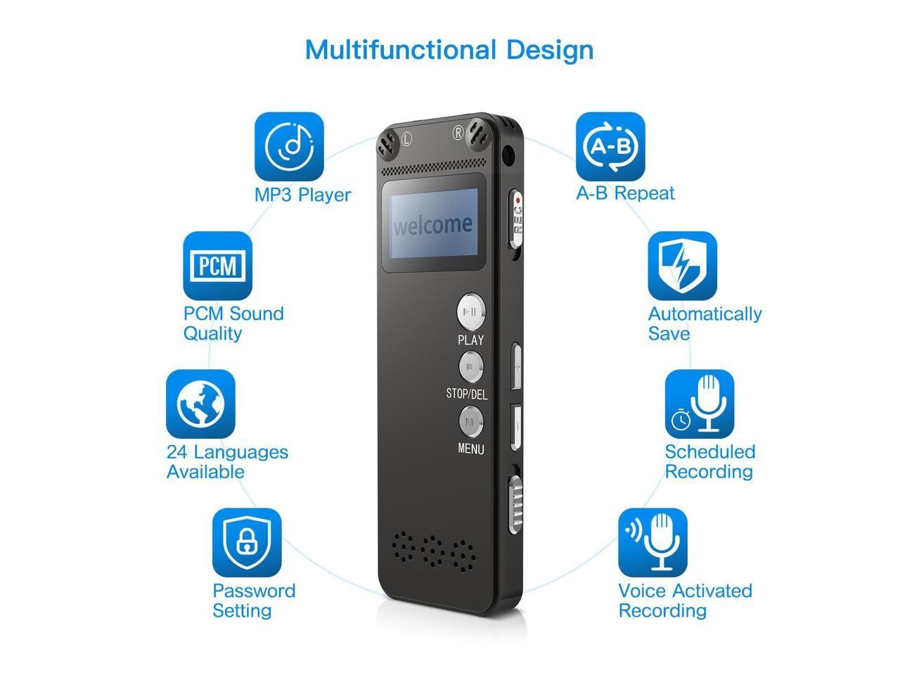 Digital Voice Recorder [2018 Upgraded Version] Audio Recorder for Lectures 8GB PCM Linear Sound Recorder with Micro USB & MP3 Player Microphone Noise Reduction --By Werleo (black Recorder)
