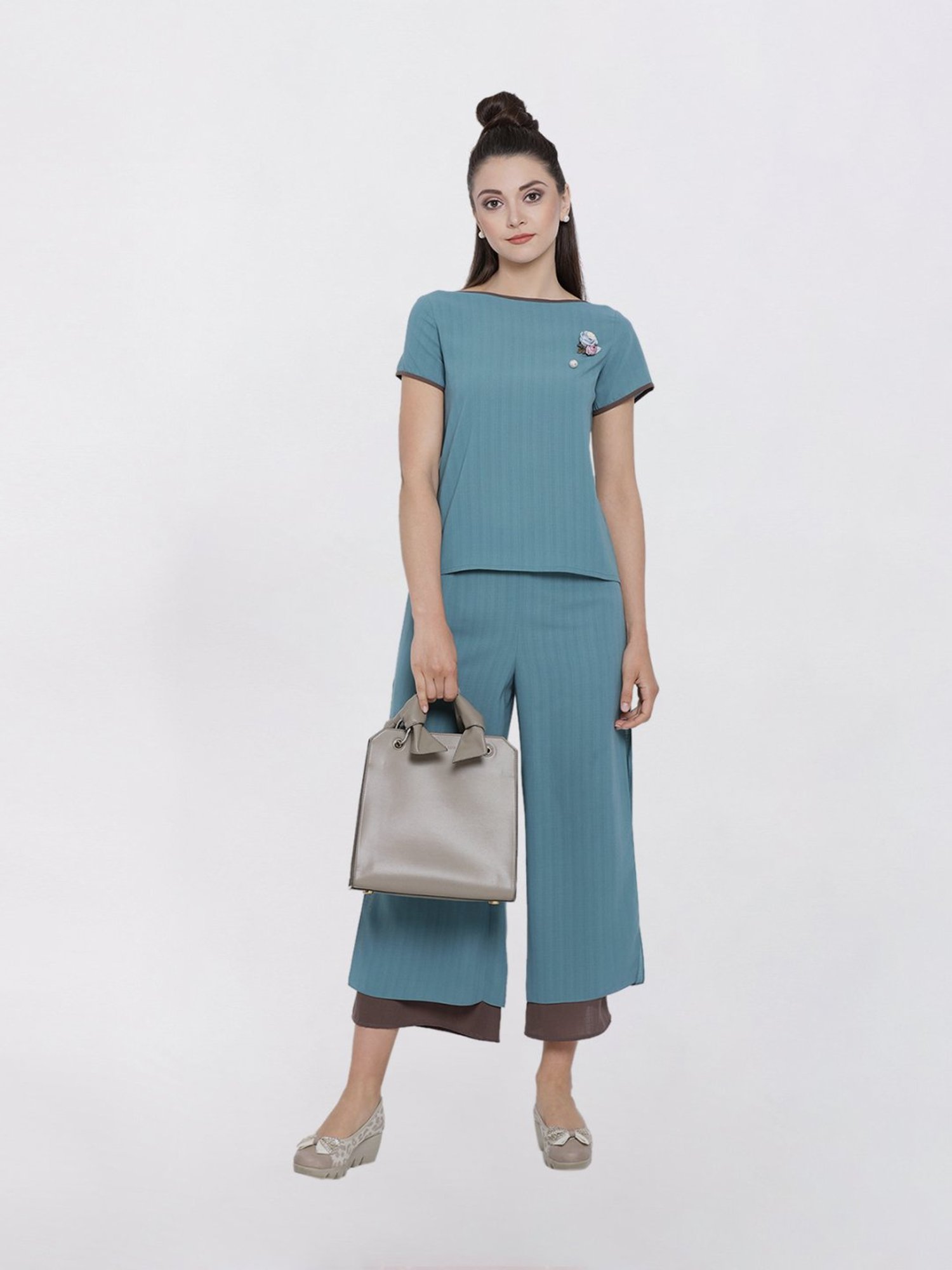 Office & You Teal Blue And Beige Double Layer Palazzo
