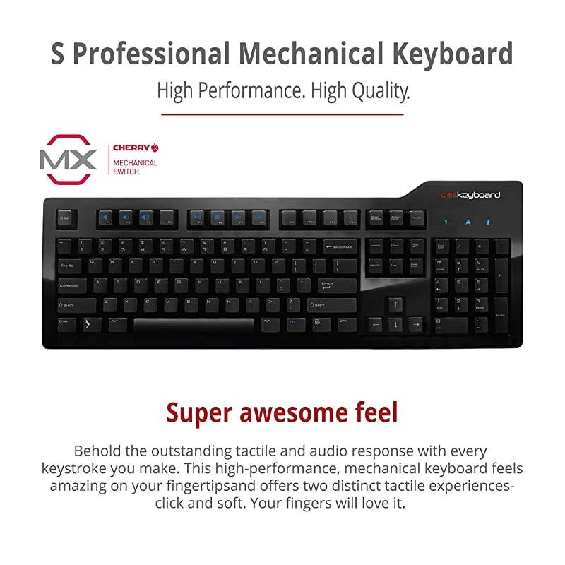 Model S Professional Mechanical Keyboard High Performance Clicky Tactile Feedback Enhanced 104 Key Layout Laser Etched Keycaps to Prevent Fading Cherry MX Blue Switches Ultra Sleek Design
