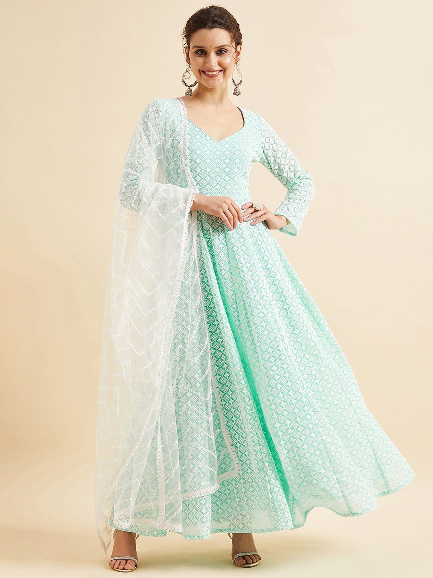 PANIT Sea Green Embroidered Ethnic Dress With Dupatta