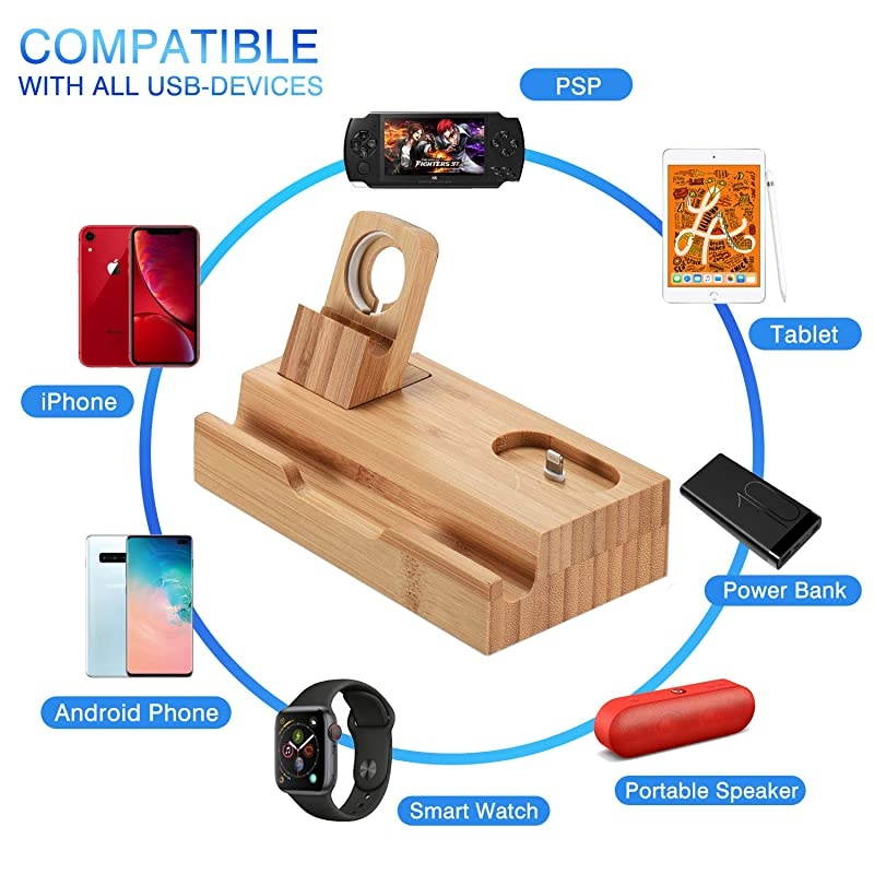 3Port Bamboo Charging Station Desk Dock Stock Cradle Holder Organizer Charging Stand for Universal Multi Device Compatible AirPodsApple WatchCell Phone with Case