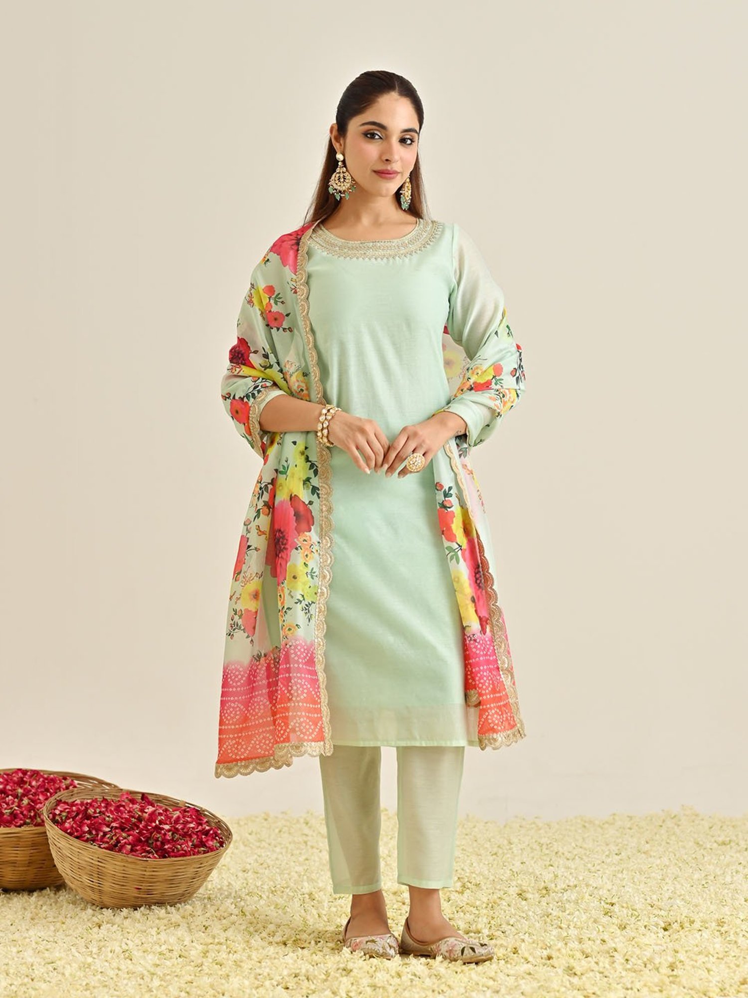 Rustorange Mint Green Embroidered Kurta With Pant & Dupatta