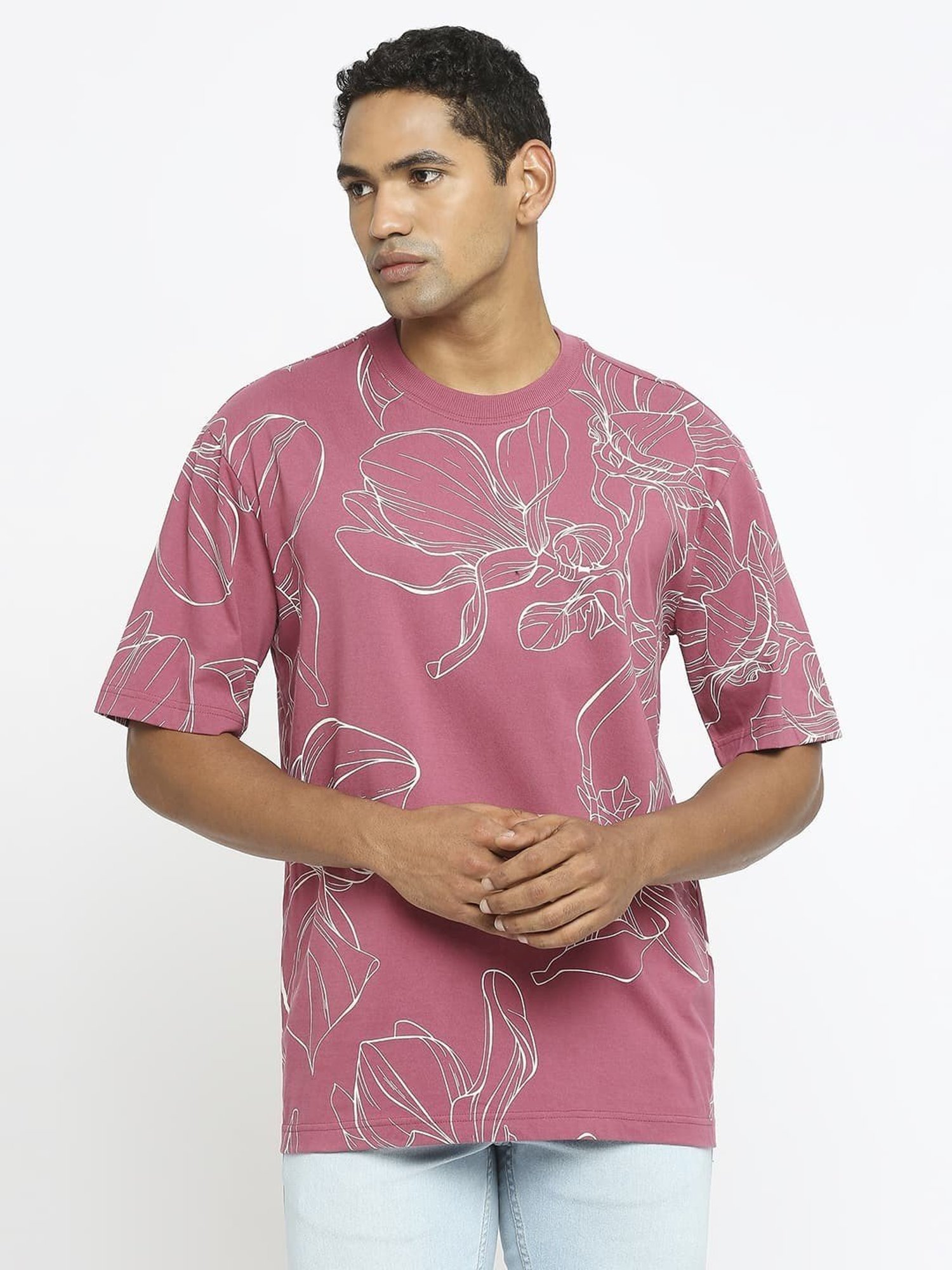 Basics Maroon Cotton Relaxed Fit Printed T-Shirt