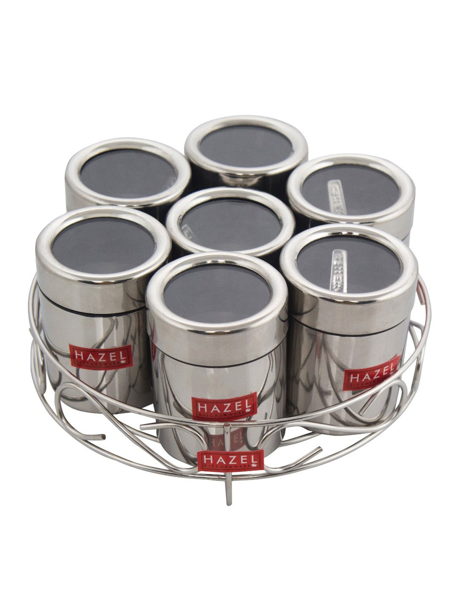 HAZEL Silver Stainless Steel Classic 7 in 1 Masala & Dry Fruit Container Stand with Lid (0.125L)