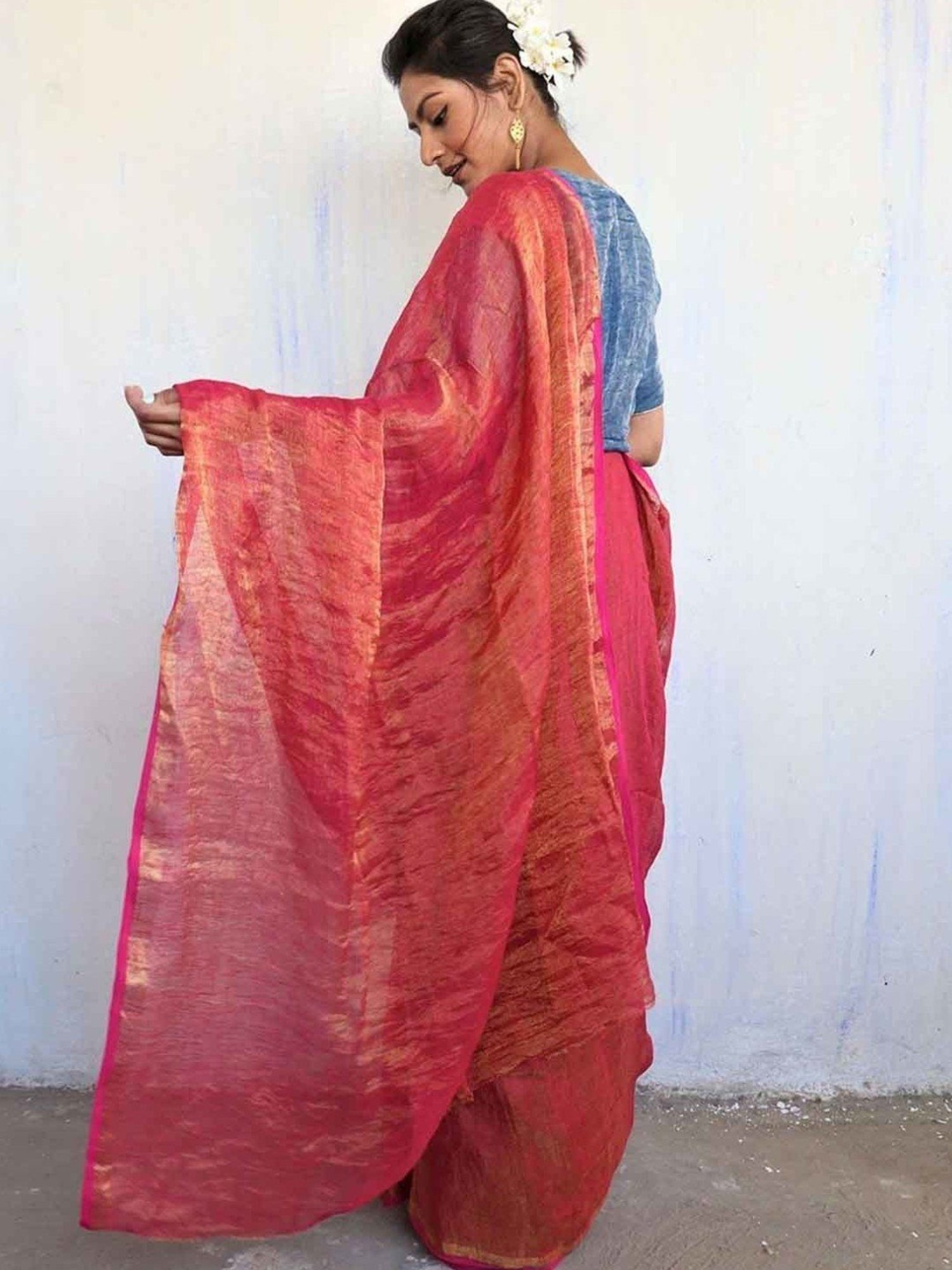 Chidiyaa Rani Pink Handwoven Linen Zari Saree