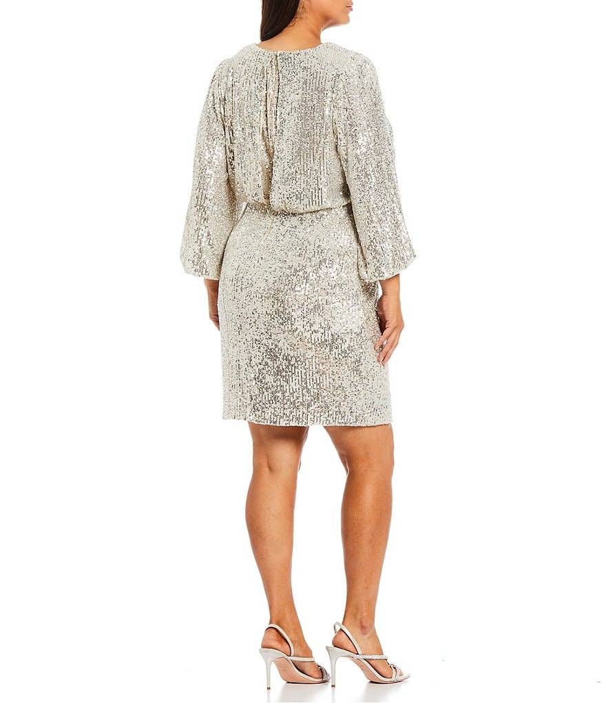 Eliza J Plus Size Allover Sequin Faux Wrap V-Neck 3/4 Sleeve Blouson Dress
