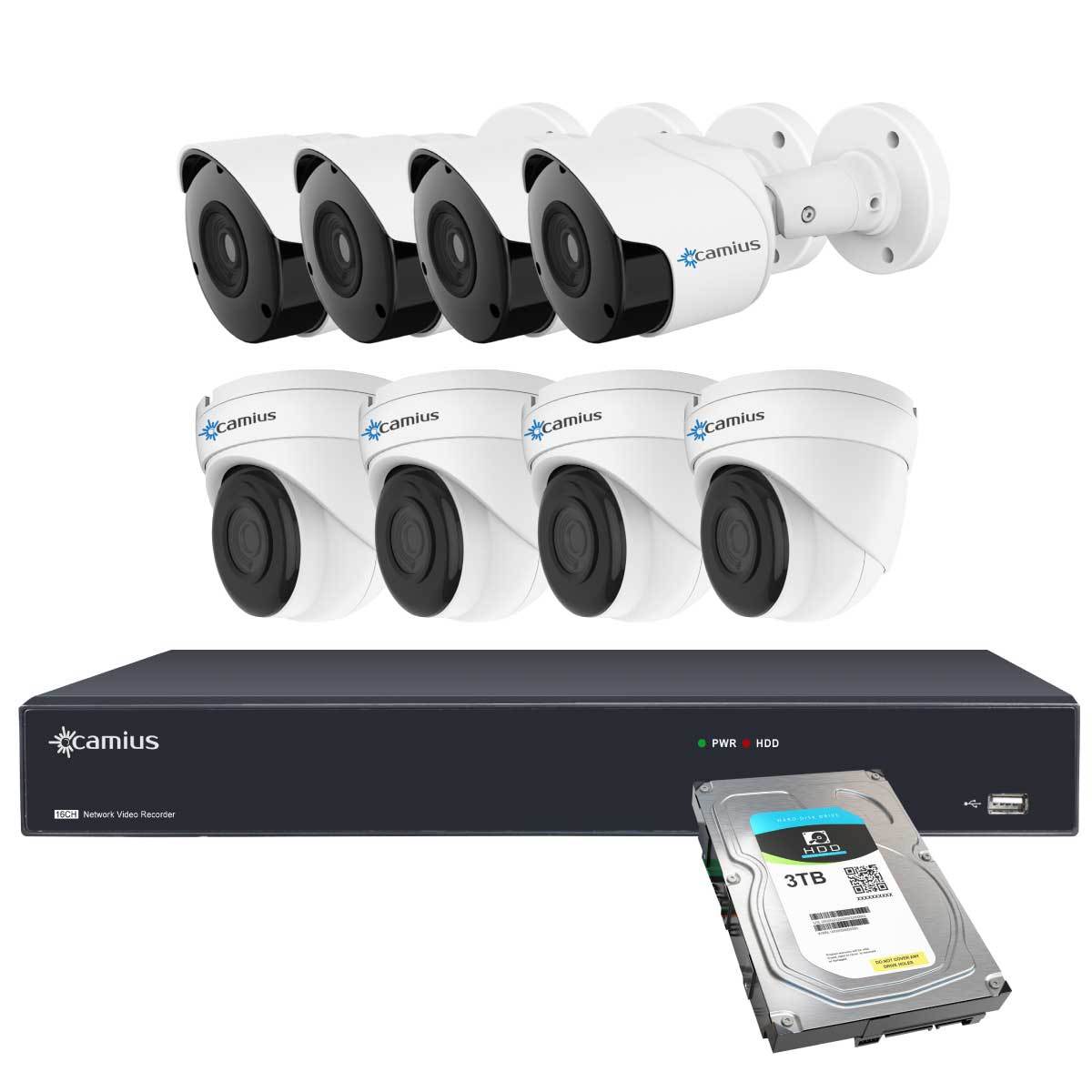 Camius PoE 4K 16 Channel NVR system with 3TB HDD, 8 x 5MP PoE Dome & Bullet IP Security Cameras with Audio (built-in mic), Night vision, Motion, Sound Detection, PC, Mac, Phone App view - 16PP4B4I3T