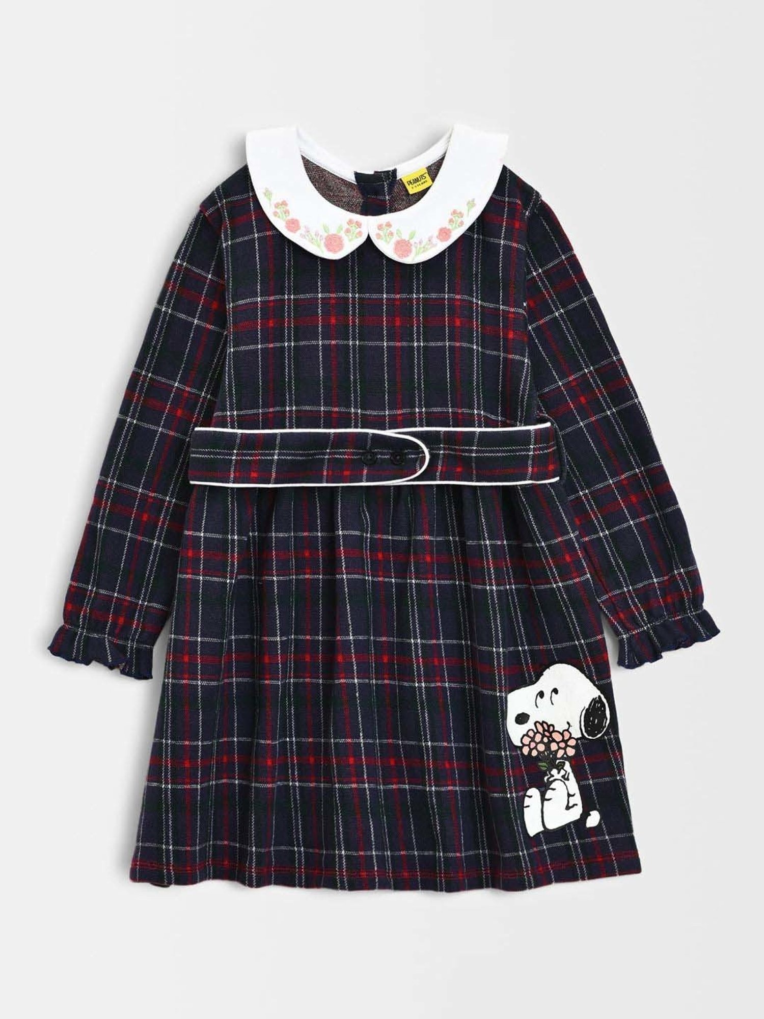 MiArcus Kids PEANUTS Blue Cotton Chequered Full Sleeves Frock Dress