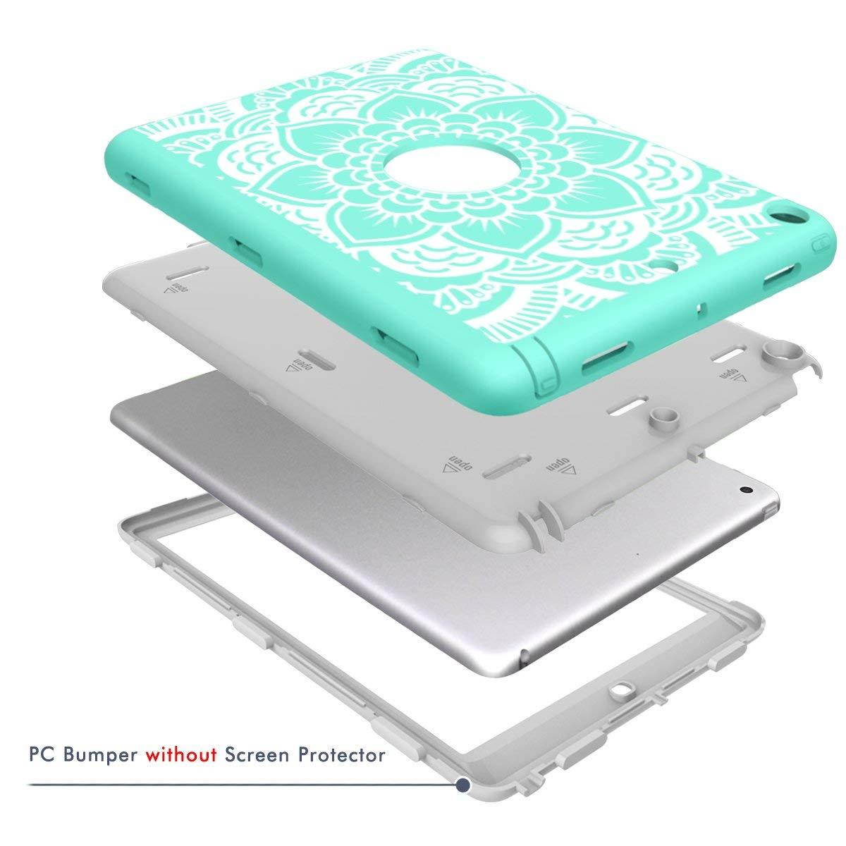 iPad 5th/6th Generation Case, Hocase Heavy Duty Shock Absorbent Rubber+Hard Plastic Dual Layer Protective Case w/ Mandala Floral Print and Kickstand for iPad 9.7 2018/2017 - Mint Green / Gray