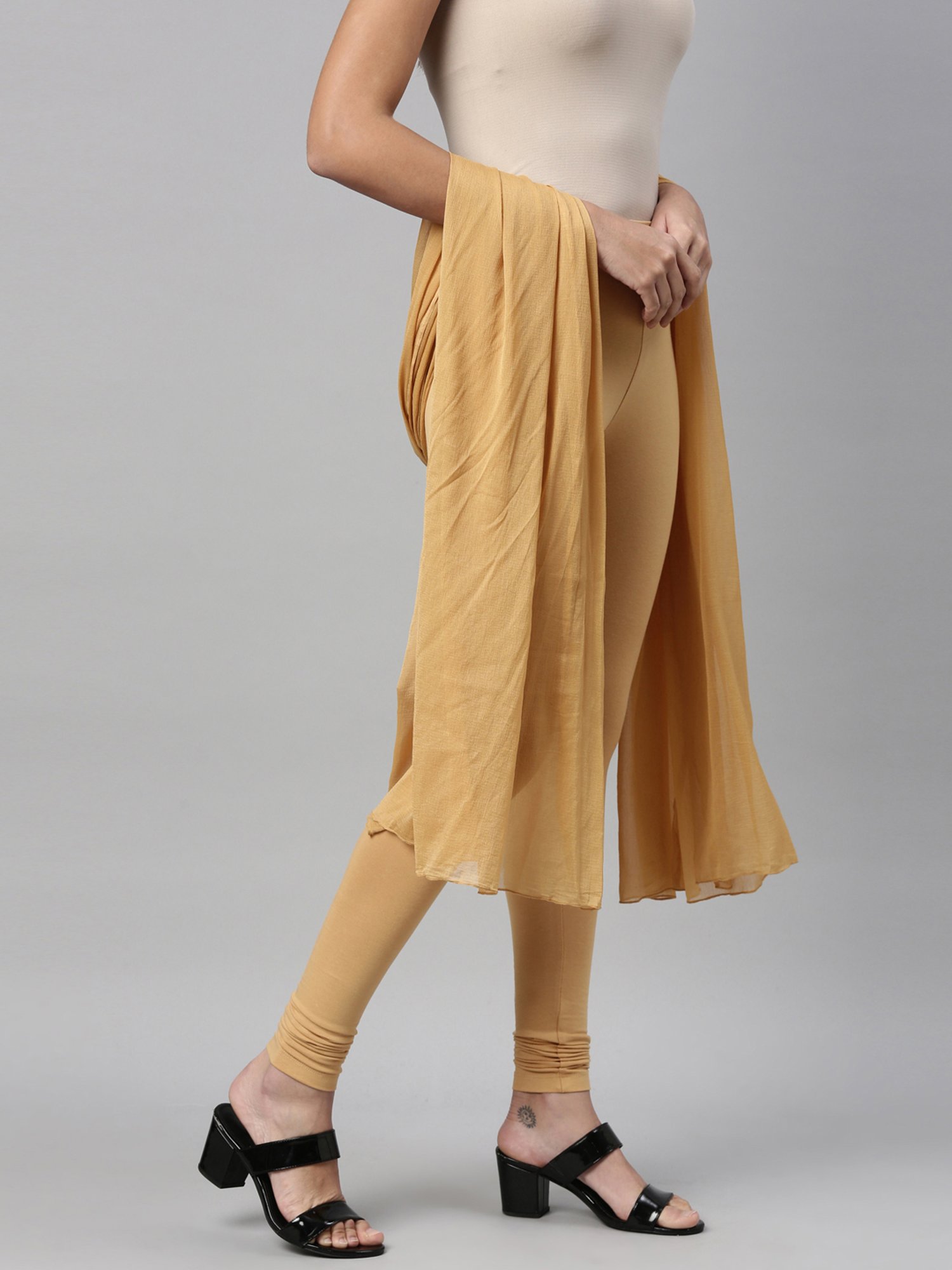 TWIN BIRDS Beige Cotton Leggings With Dupatta