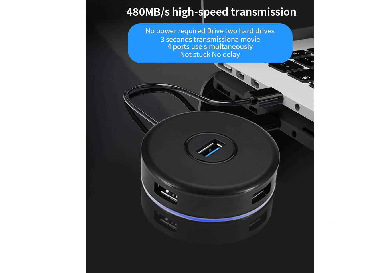 NOTEBOOK 4-PORT USB 3.0 HUB WITH ROUND CONNECTOR LED FAST CHARGING DATA TRANSMISSION (4-PIN, BLACK)