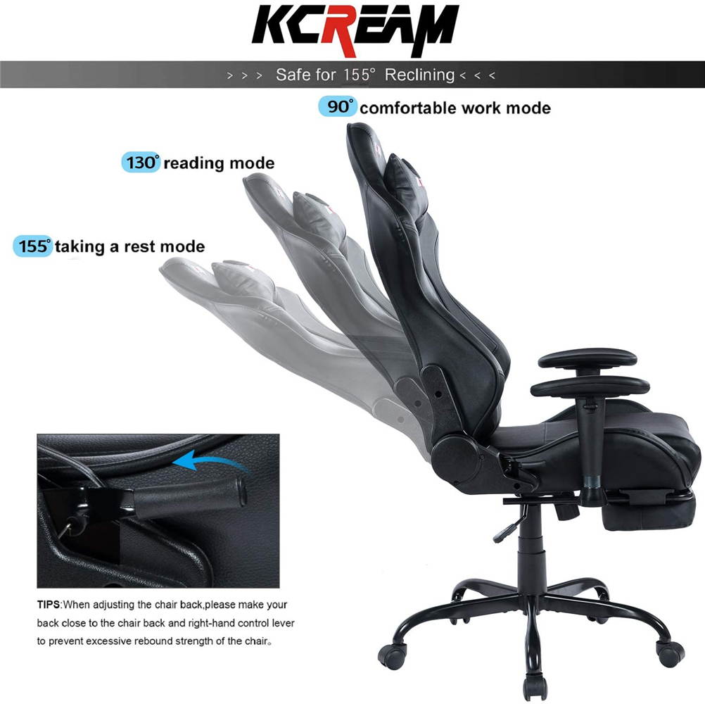 KCREAM PU Leather Swivel Chair Gaming Chair with Footrest Ergonomic Office Chair Headrest Lumbar Support Comfortable Large Size High Back Adjustable Reclining Computer Desk Chair