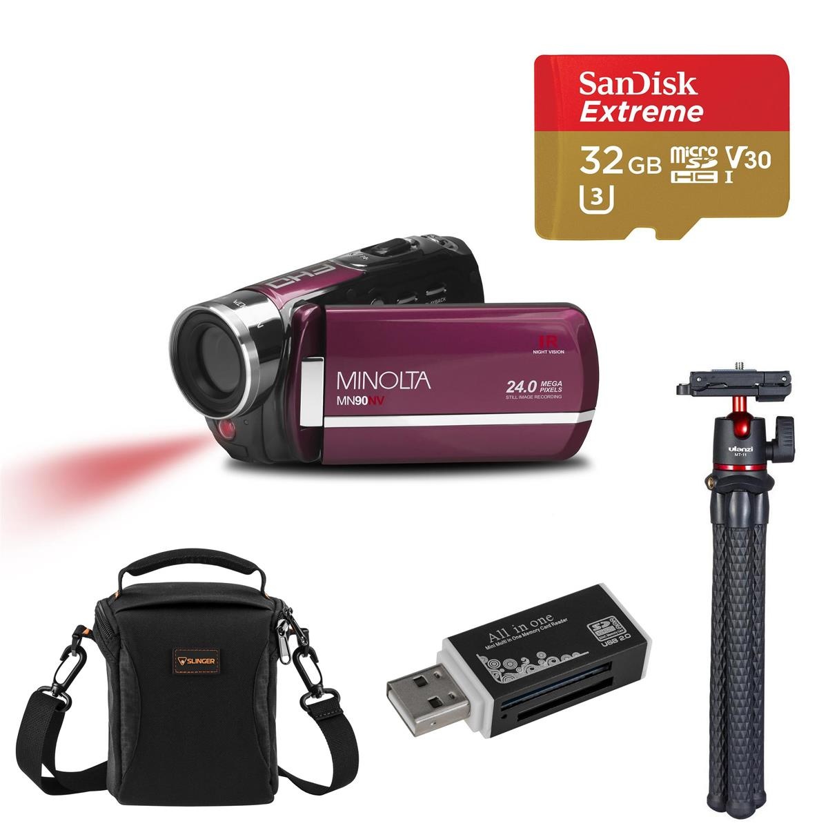 Minolta MN90NV 24MP Full HD Night Vision Camcorder, Maroon with Accessories Kit