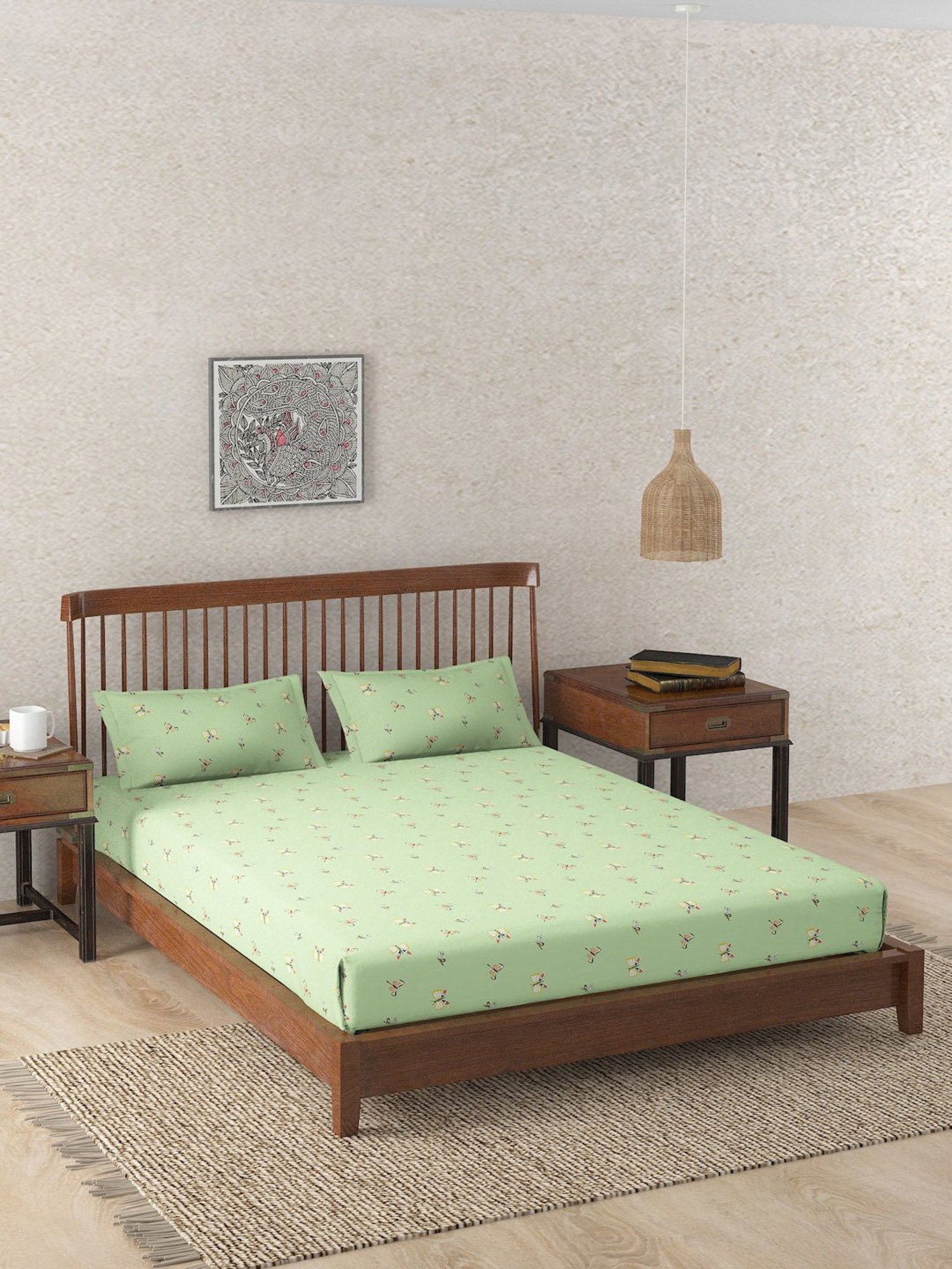 Fabindia Home Titli Printed Green 180 TC Cotton Single Size Bed Sheet with 2 Pillow Covers
